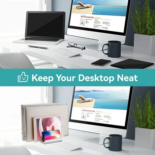 Vista 5 de Soporte vertical para laptop, soporte vertical para portátil de 3 ranuras, tamaño de muelle ajustable, diseño 3 en 1, soporte para computadora