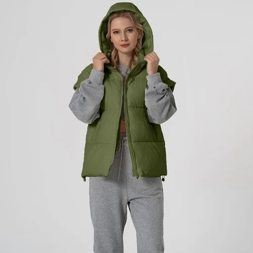 Vista 16 de Shiyifa Chaleco acolchado para mujer, chaqueta de gran tamaño, sin mangas, ligera, con cremallera, con capucha desmontable