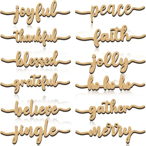 Vista 13 de 12 piezas de letreros de madera con palabras navideñas recortadas "Joyful Merry Thankful Grateful Blessed Peace Gather" para decoración de plato
