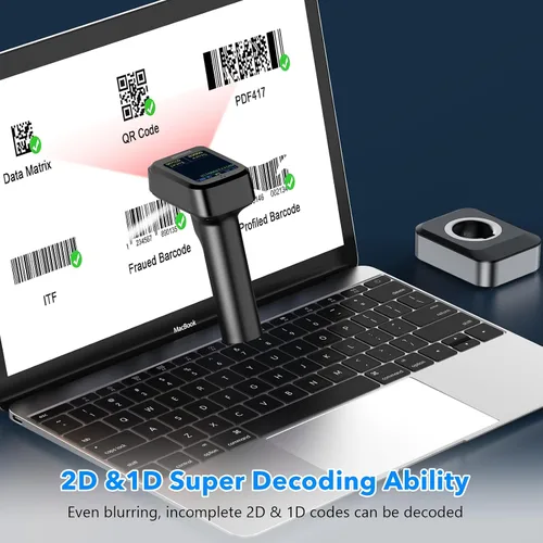 Vista 4 de Symcode Pro 1D 2D QR Escáner de código de barras inalámbrico con pantalla de visualización Indicador de nivel de batería Pantalla de tiempo funciona