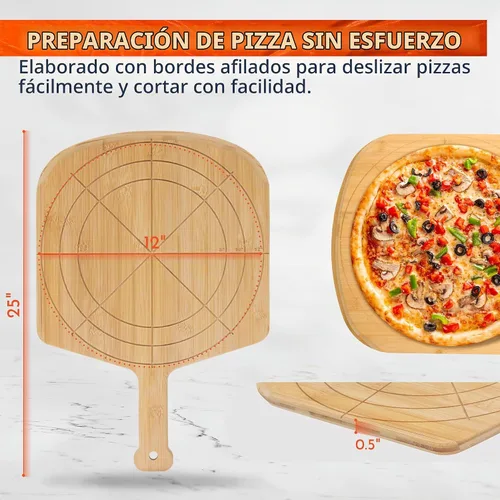Vista 2 de Pizarra de madera de 12 pulgadas con tamaños grabados, tabla de cortar de pizza de bambú multiusos, cáscara de pizza de madera, espátula de pizza