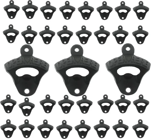 Vista 6 de Abridor de botellas de hierro fundido negro montado en la pared con tornillos montables para mesa de poste enfriador de madera (paquete de 3)