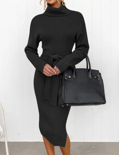 Vista 47 de ZESICA - Vestido por debajo de la rodilla de suéter, de cuello alto, para mujer, de manga larga, de punto acanalado, con abertura y cinturón