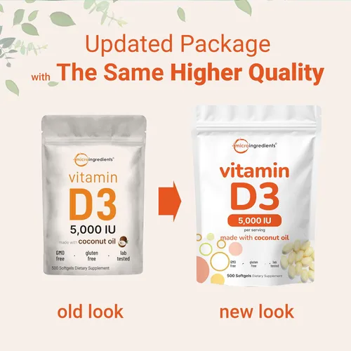 Vista 3 de Micro Ingredients Vitamina D3 5,000 UI, 500 cápsulas blandas Aceite de coco virgen Forma de colecalciferol Apoyo óseo, inmunológico y cardíaco