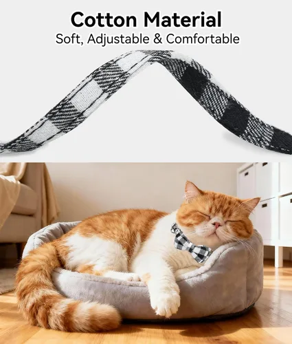 Vista 3 de Collar Joytale con corbatín y campana, lindos patrones de cuadros, 1 o 2 unidades de collares de seguridad para gato, Negro