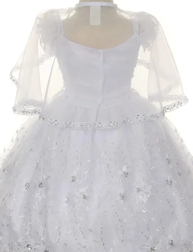 Vista 3 de BluNight Collection Vestido de bautizo de bebé con hombros descubiertos y bordado de Virgen María
