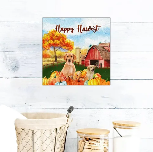 Vista 6 de Happy Harvest Frenchton Dog Barn Wood Sign Retro Fall Sweet Fall Wall Plaque Pumpkin Patch Wood Panels Home Wall Decoration for Home Kitchen Living