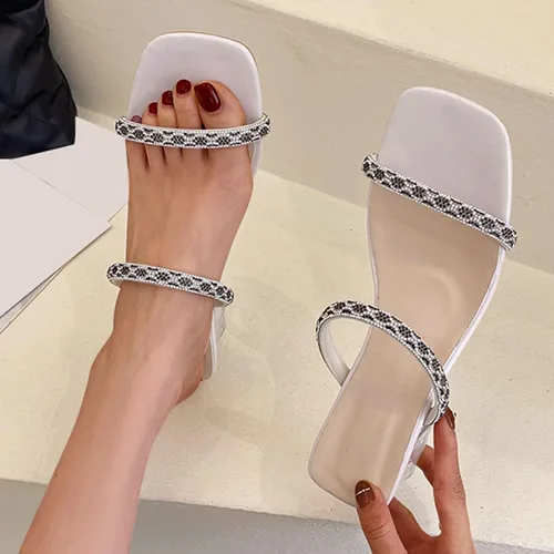 Vista 2 de SGAOGEW Slides Shoes For Women Fashion Chunky High Heels Slip On Rhinestone Shoes Black,Beige Flats Sandalias Para Mujer