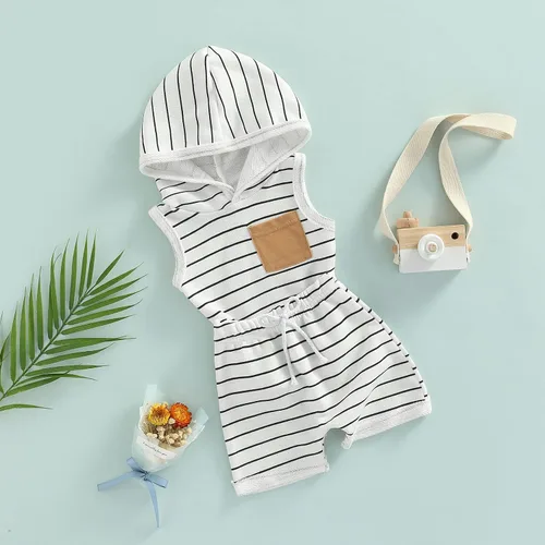 Vista 2 de BemeyourBBs Conjunto de ropa de verano para bebé niño con capucha y bolsillo y pantalones cortos de cintura elástica