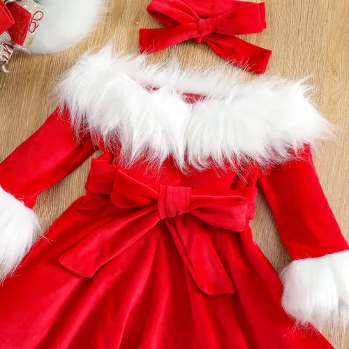 Vista 6 de Vestido de Navidad de terciopelo para niñas pequeñas, vestido de Papá Noel, de manga larga, felpa, para fiesta de princesa, cosplay, vestido