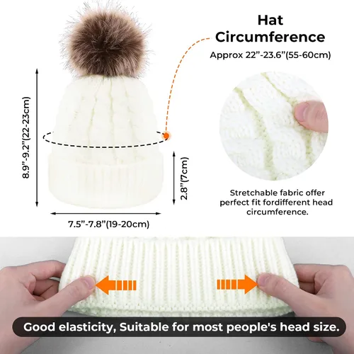 Vista 3 de Livingston Gorro de punto suave de invierno para mujer con pompón de piel sintética