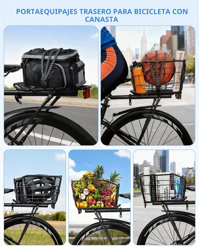 Vista 6 de Cesta trasera para bicicleta, estante de carga de aluminio para bicicleta, cesta de bicicleta de capacidad de 22 litros, plegable y extraíble