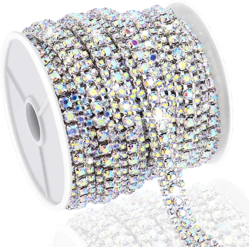 Vista 15 de Cadena de diamantes de imitación de 3 yardas con 3 filas para manualidades, cadena de cierre de diamantes de imitación plateada para hacer joyas