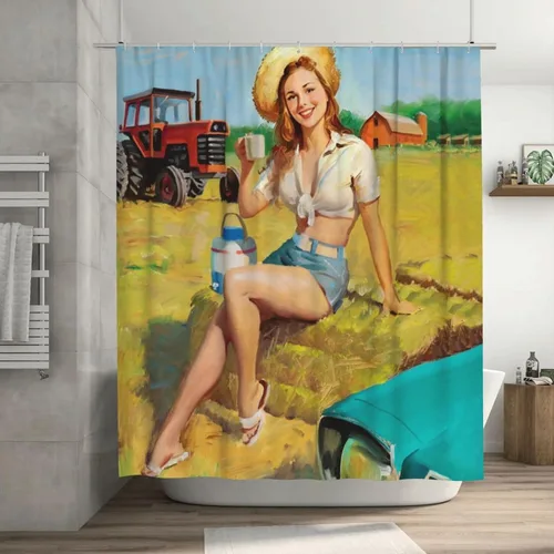Vista 9 de FUNNY KIDS' HOME Cortinas de ducha retro con pin up para baño, pintura al óleo, arte de lienzo, decoración de baño, sexy dama bañándose