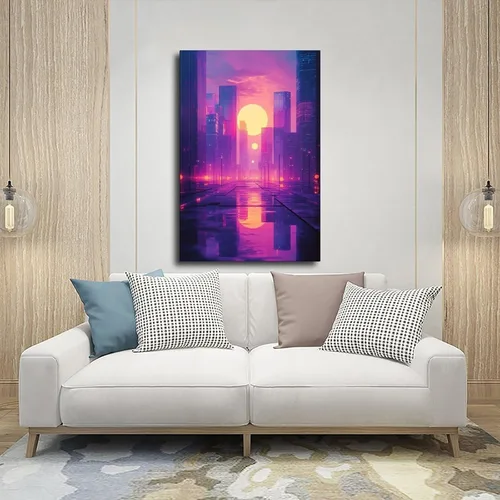 Vista 5 de Synthwave Aesthetic Wall Print – Vaporwave Inspired Urban Art, Purple & Orange Neon Poster for Modern Home Decor Vintage Wall Decoration Famous Oil