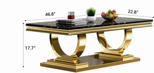 Vista 2 de SSLine Mesa de Centro Rectangular de Mármol Sintético para Sala de Estar, Mesa Central Moderna de Mármol Negro de Lujo con Base de Pedestal Dorada