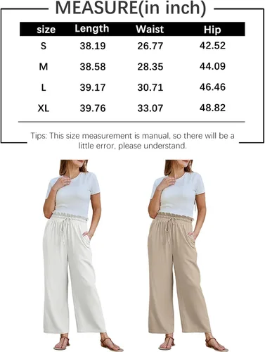 Vista 5 de LILLUSORY Pantalones de lino para mujer, casuales, de cintura alta, pierna ancha, con bolsillos