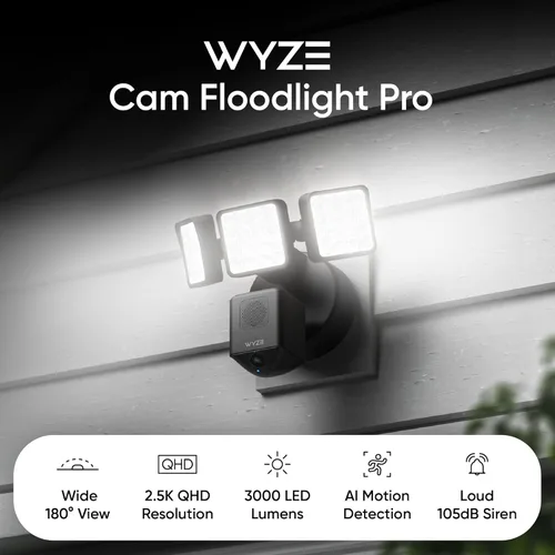 Vista 2 de WYZE Floodlight Camera Pro, Elección de los Editores de PCMag 3000-lúmenes LED, cámara de seguridad exterior HD 2.5K, vista ancha de 180°, visión