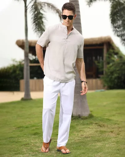 Vista 5 de EndoraDore Pantalones de lino de algodón para hombre, pantalones deportivos ajustados, pantalones elásticos para entrenamiento atlético, pantalones