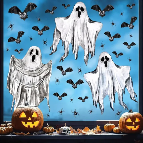 Vista 11 de Decoración de pared de Halloween, calcomanías de Halloween 3D para ventana falsa, despegar y pegar, calabazas, esqueleto, murales artísticos