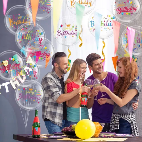 Vista 6 de Whaline 36 calcomanías de globos de cumpleaños Bobo con globos de burbujas transparentes de 18 pulgadas, juego de globos Bobo para cumpleaños, baby