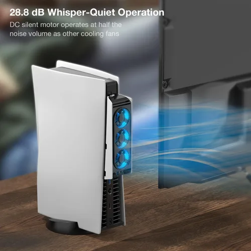 Vista 6 de PS5 Cooling Fan, MEQI PS5 Accessories Upgraded Quiet Cooler Fan with LED Light & USB 3.0 Hubs, Efficient Cooling Station for Playstation 5