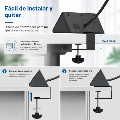 Vista 6 de Estación de carga para mesita de noche, regleta de enchufes de borde para mesita de noche con 3 tomas de CA, 4 puertos USB de carga rápida, con Negro