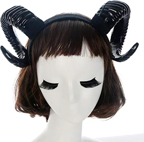 Vista 2 de YuDanae Black Antlers Sheep Horn Gothic Steampunk Devil Demon Horns Headband for Halloween Costume Photo Props