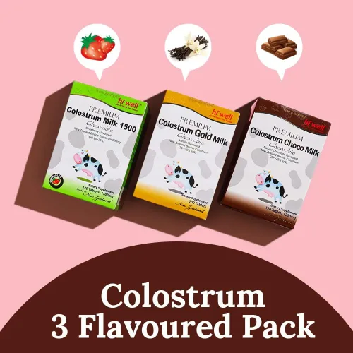Vista 2 de Paquete de 3 sabores de calostro alimentado con pasto (calostro de Nueva Zelanda 1500 + Choco de calostro + calostro dorado)