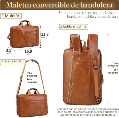 Vista 3 de Bolso de Mensajero de Cuero Sintético para Hombre Bolsa de Laptop de 17-17.3 Pulgadas para Hombre Bolsa de Cuero de Oficina Convertible Mochila 3