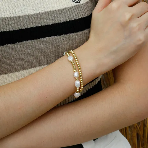 Vista 3 de Pulseras de cuentas de oro para mujer, perlas barrocas apilables, chapadas en oro de 14 quilates, pulsera de bolas elásticas para regalo de joyería