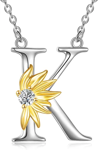 Vista 8 de POPLYKE Collar de girasol con inicial para mujer, plata de ley 925, colgante de girasol, cadena con dije de letra inicial