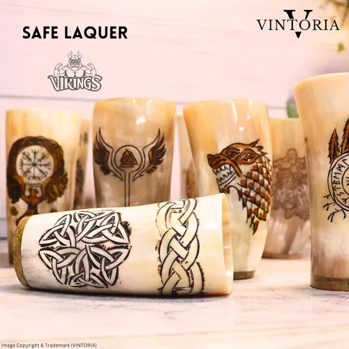 Vista 4 de Viking Nordic - Juego de tazas de cuerno para beber, jarra de cuerno de buey genuino con diseño de nudo celta, perfecto para aguamiel, cerveza