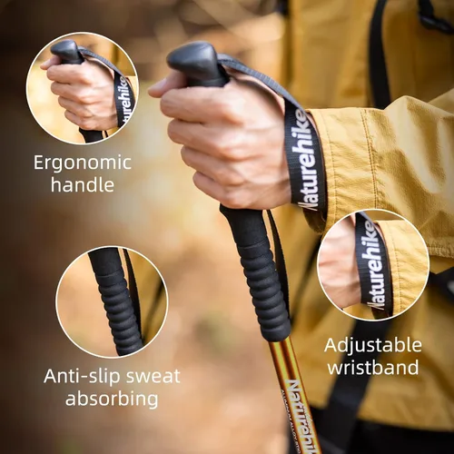 Vista 3 de Naturehike - Bastones de senderismo plegables, bastones de senderismo ajustables de aluminio ligero, absorción de impactos con correas