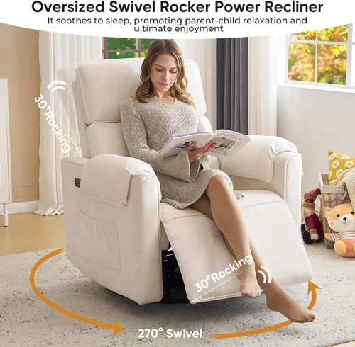 Vista 6 de Silla reclinable eléctrica extragrande, sillón basculante giratorio de 26" extra ancho con reposacabezas ajustable, silla mecedora de chenilla