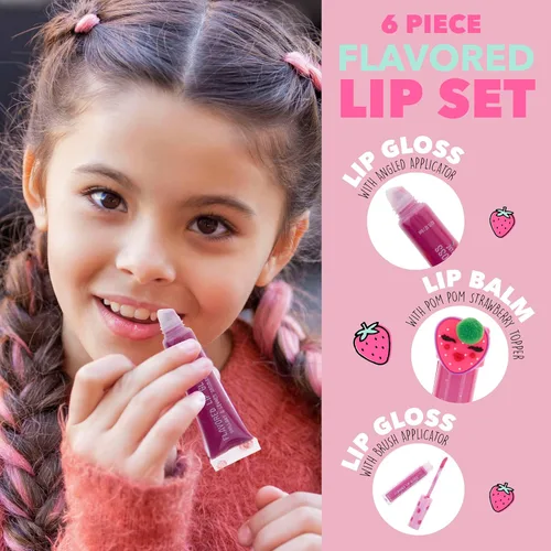 Vista 3 de EXPRESSIONS Juego de 6 brillos labiales y bálsamo labial con sabor a fresa, no tóxico y seguro para pieles sensibles, kit de labios hidratante