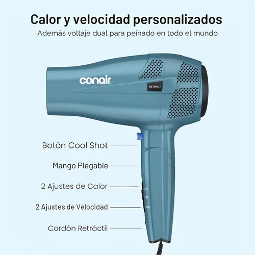 Vista 4 de Secador de pelo iónico Conair de 1875 W con mango plegable y guardacables, Azul