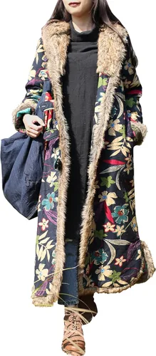 Vista 7 de LZJN - Abrigo cálido para mujer, con estampado floral, chaqueta larga de algodón y lino, vintage, con capucha, acolchado para invierno
