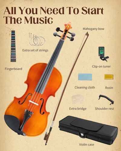 Vista 8 de Ktaxon Violín 4/4 Juego de Tamaño Completo Fiddle, Kit Completo de Violines Acústicos con Tablero Hecho a Mano, Estuche Rígido Ligero de Iniciación