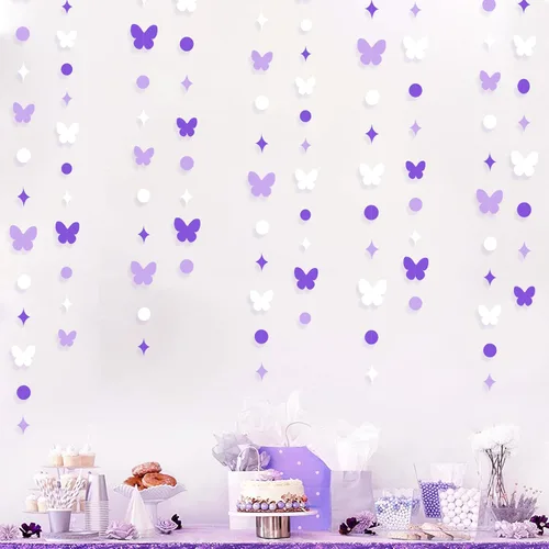 Vista 6 de Guirnalda de mariposas iridiscentes blancas de 40 pies, papel holográfico blanco para colgar, lunares, estrellas, mariposas, serpentina, pancarta