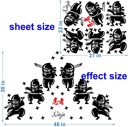 Vista 2 de Calcomanías de pared de ninja y samurái, siluetas de guerrero japonés con espadas, calcomanías de PVC extraíbles para habitación de niños, sala