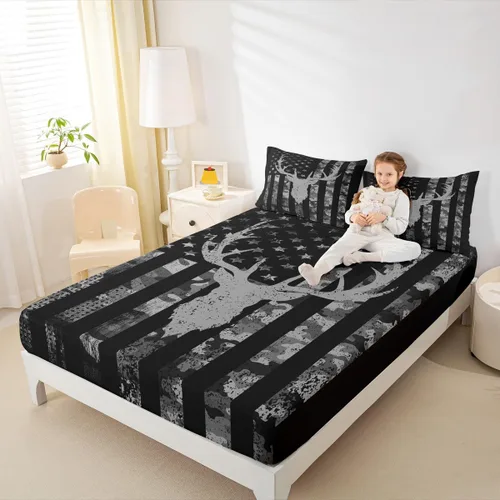 Vista 3 de Homewish Sábana bajera ajustable con diseño de bandera estadounidense de camuflaje para niños, tamaño individual, silueta de cuernos de ciervo