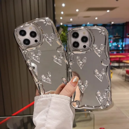 Vista 3 de Funda para iPhone 13, corazón plateado cromado brillante, funda de teléfono creativa con espejo, corazón 3D chapado con estilo, TPU suave resistente