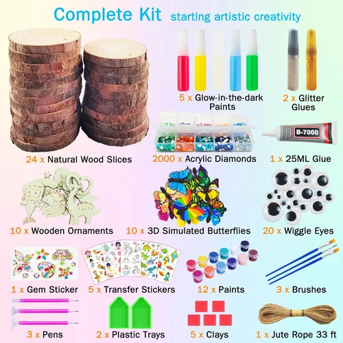 Vista 4 de KIRKOTOY Kit de manualidades de madera para niños, brilla en la oscuridad, regalos para niños y niñas de 6 a 12 años, 24 rebanadas de madera