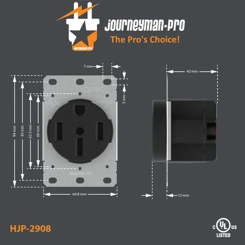 Vista 5 de Journeyman-Pro NEMA 14-50 de grado comercial/industrial aprobado por la U.L. 50 AMP 240V Receptáculo de pared 50 A para vehículos recreativos