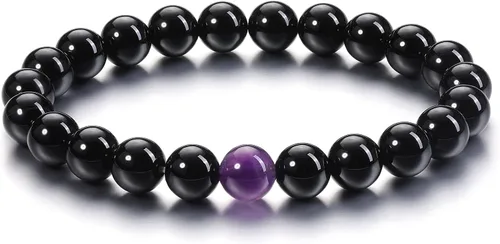 Vista 7 de Jovivi 2 pulseras elásticas de piedra curativa de obsidiana negra y amatista de 0.315 pulgadas, hechas a mano, piedras preciosas redondas naturales