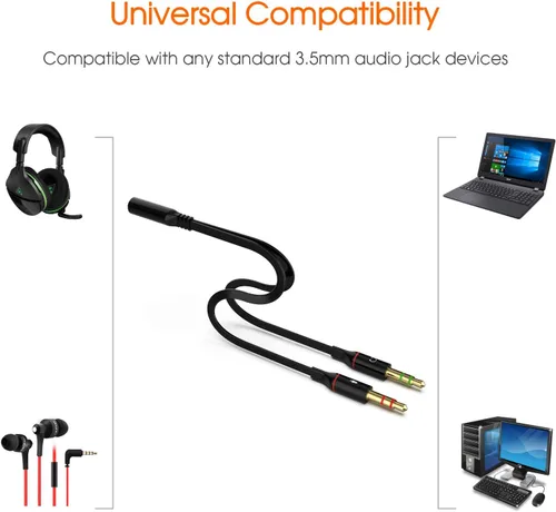Vista 5 de Audífonos y micrófono Maeline bañado en oro de 3.5 mm hembra a 2 macho y Splitter de cable plano