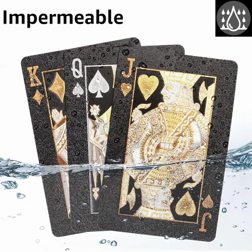 Vista 2 de LotFancy Tarjetas de juego de plástico, 2 barajas, tarjetas de póquer negras frescas con fundas de plástico, impermeables, índice estándar