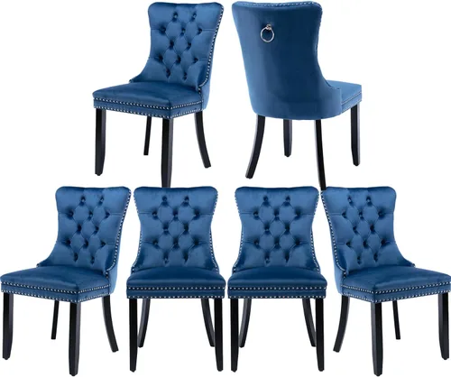 Vista 87 de Juego de 2 sillas de comedor de terciopelo, silla de comedor tapizada de alta gama con tirador de anillo en la espalda, adorno de clavos y patas