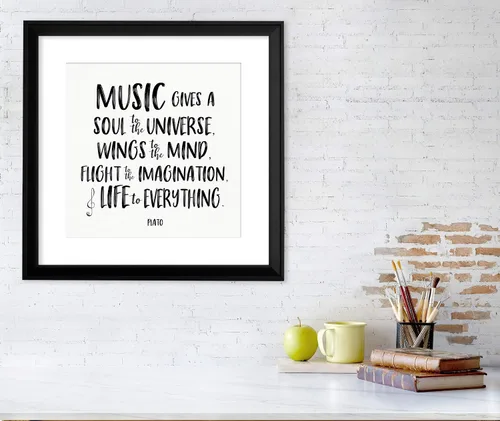 Vista 2 de La música da un alma al universo Platón Art Print. Cita literaria inspiradora musical. Papel de bellas artes, laminado o enmarcado.